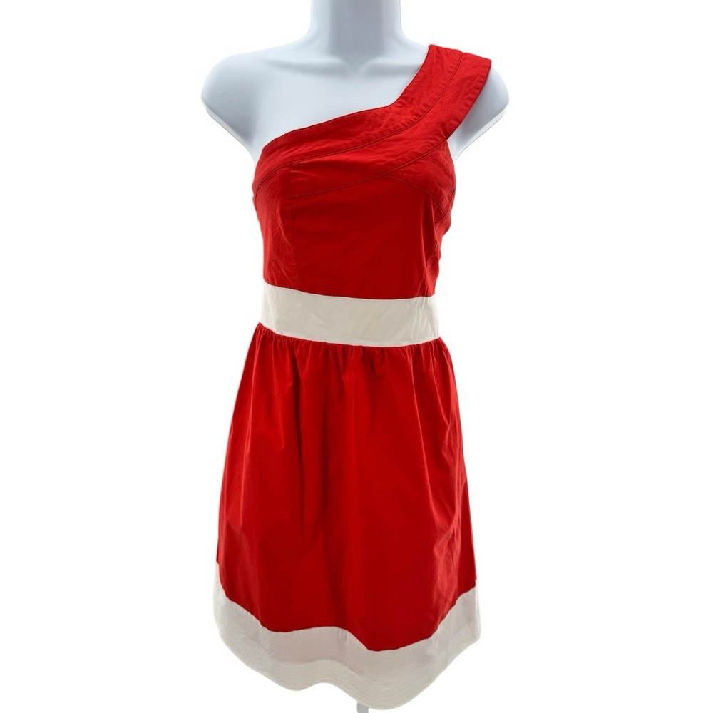 Emmelee One‎ Shoulder Dress L Red White Colorblock Party Fit & Flare Summer